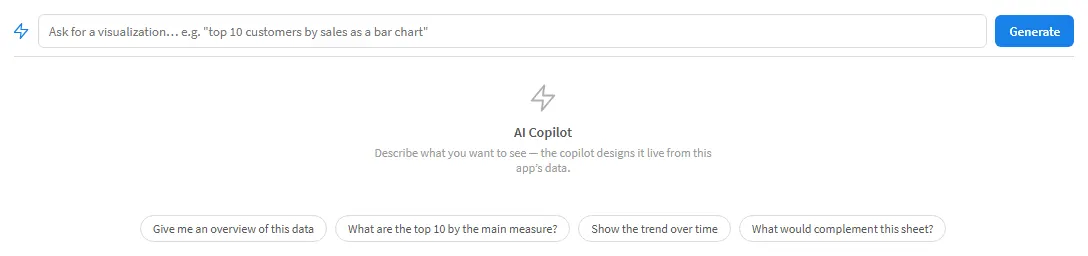 The Copilot's empty state: a prompt box reading 'Ask for a visualization… e.g. top 10 customers by sales as a bar chart', a Generate button, and four suggestion chips.