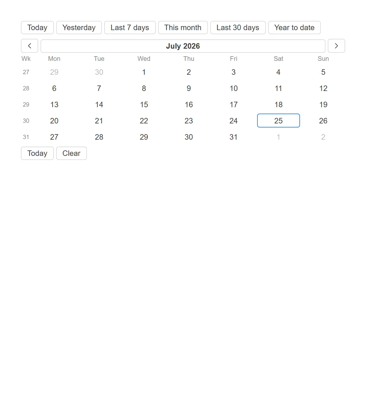 Date picker — Pick a range the way people actually think about dates, with the presets they reach for most.